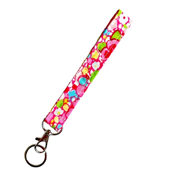 HAND CRAFTED Colorful Pink Cotton Fabric Wristlet Carrying Key Ring Accessory - Picture 4 of 7